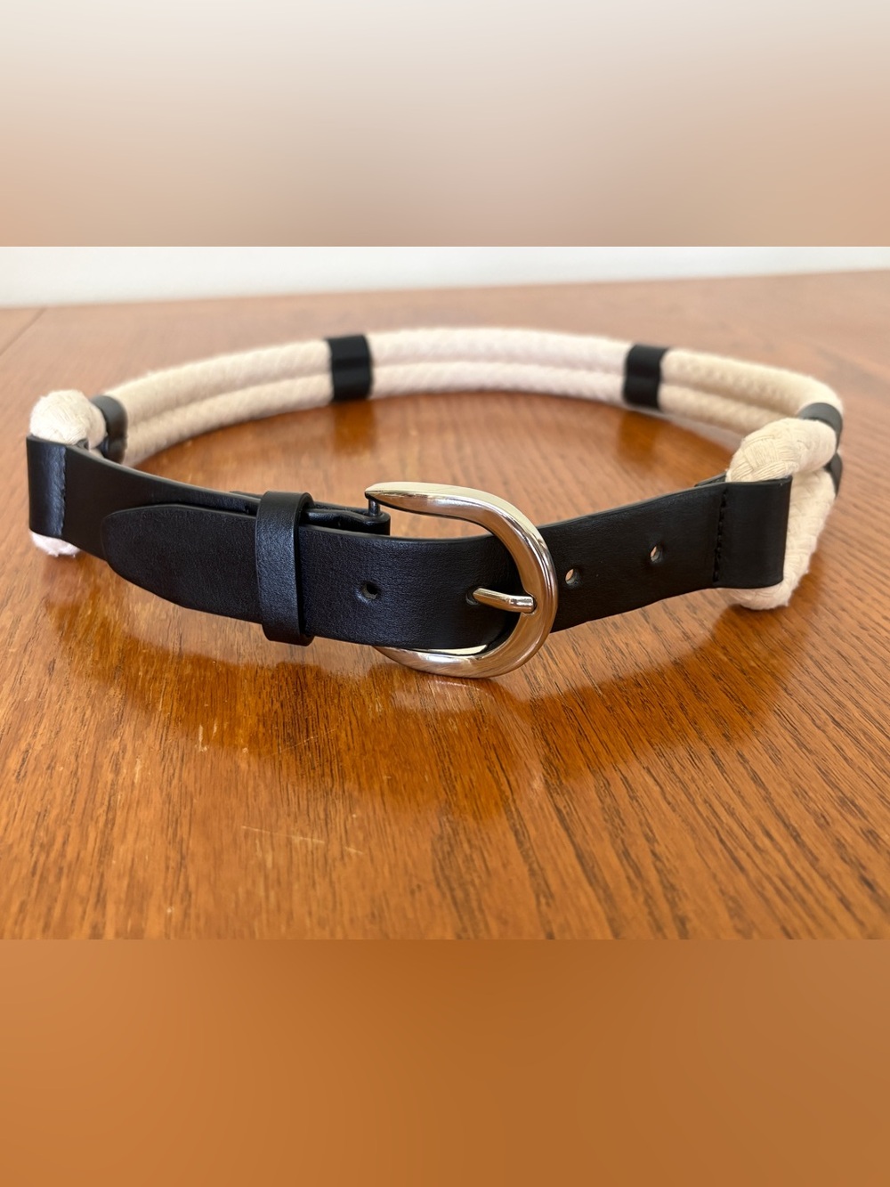 ZARA Woven Rope Belt,Faux Leather Details, Black and White, Size S
